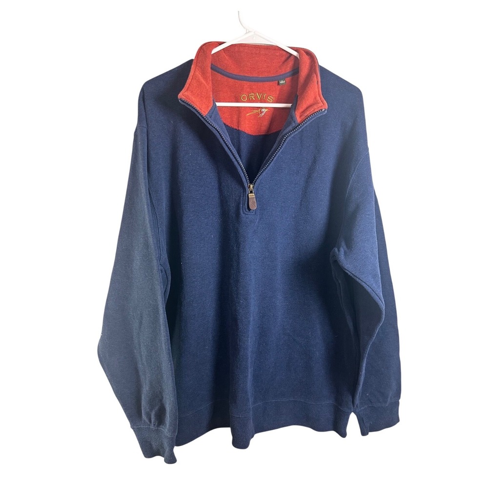 Orvis Mens XL Navy Blue 100% Cotton 1/4‎ Zip Pullover Sweatshirt Orange Trim